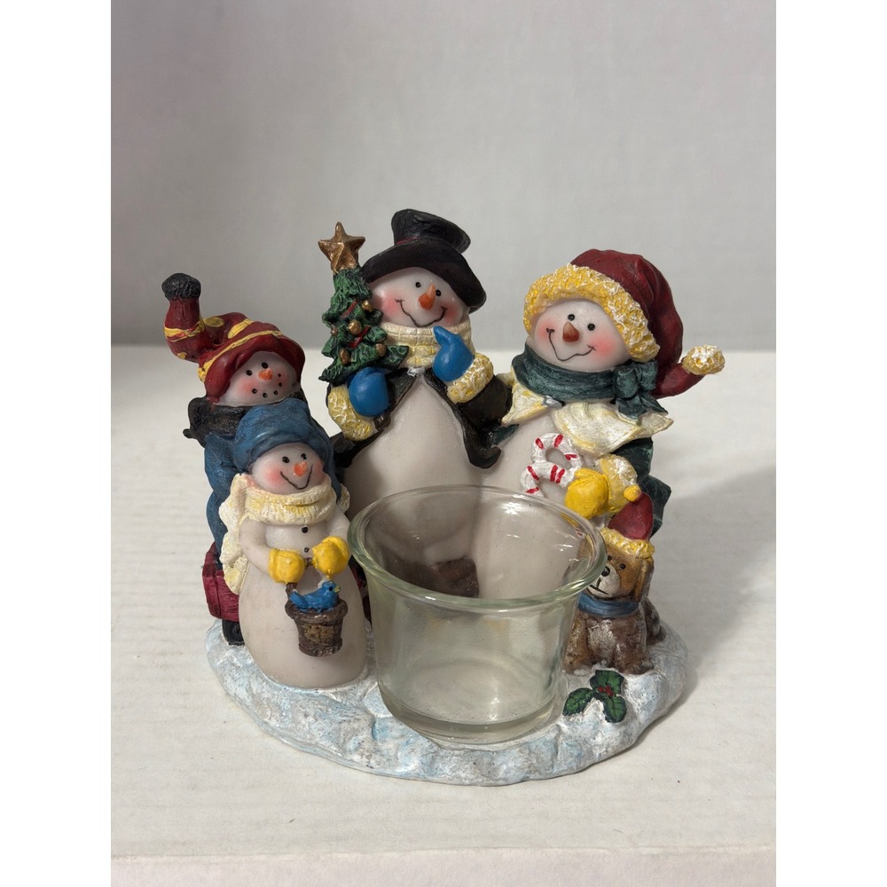 Snowman Family Christmas Tea Light Candle Holder Resin Figurine Holiday Decor